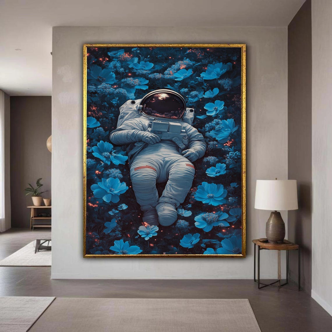 Astronaut Resting In Blue Flowers Canvas Space And Nature Wall Art Surreal Floral Print Modern Home Gift Decor