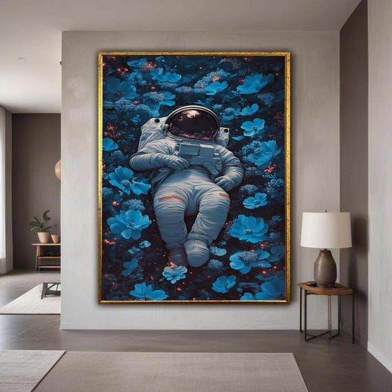 Astronaut Resting In Blue Flowers Canvas Space And Nature Wall Art Surreal Floral Print Modern Home Gift Decor
