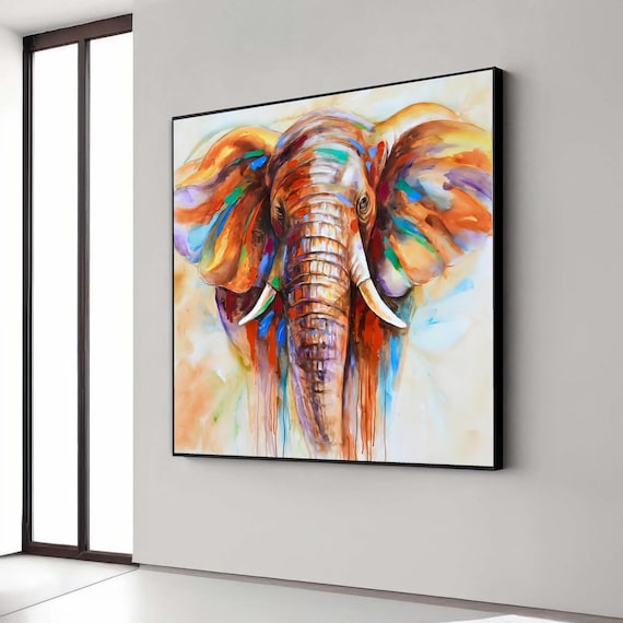 Colorful Elephant Portrait Canvas African Wildlife Wall Art Vibrant Animal Painting Modern Home Decor Ready To Hang Gift