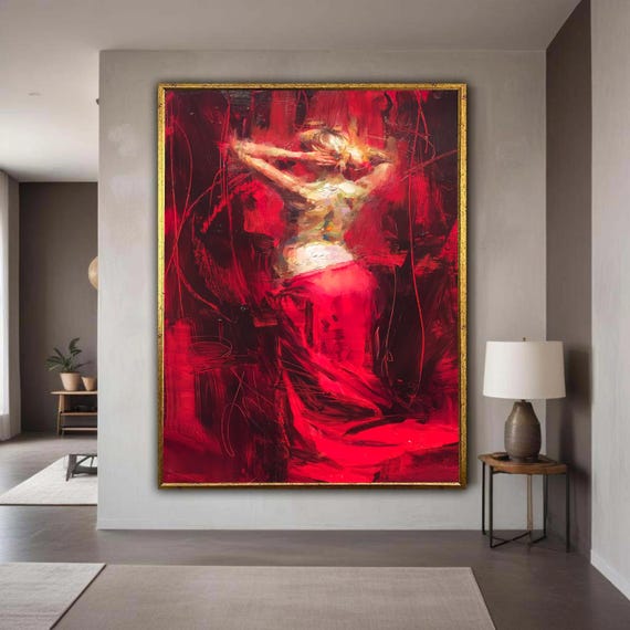Sensual Abstract Female Form Red Artistic Canvas Modern Figurative Wall Art Impasto Painting Elegant Home Decor Gift