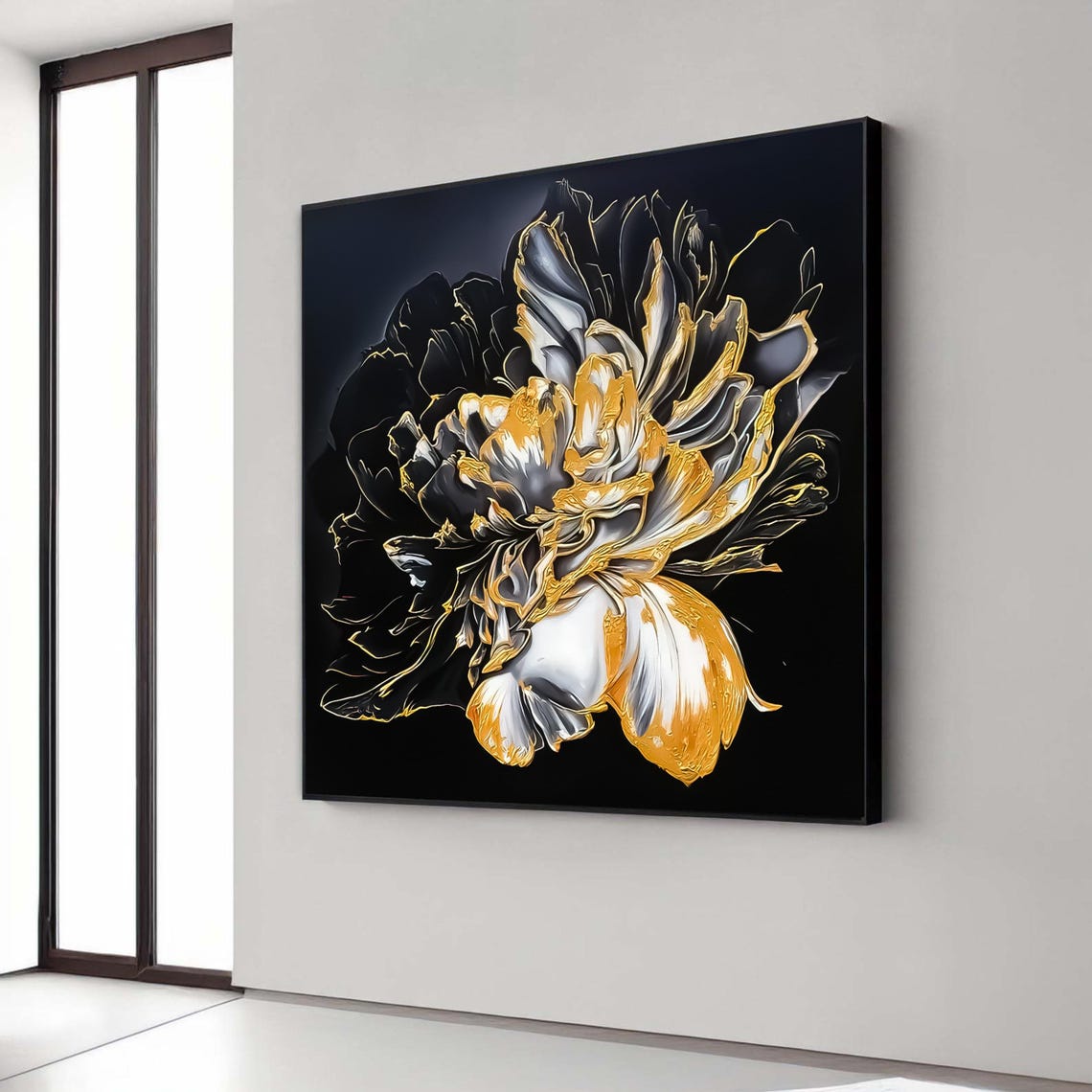 Gold Black Floral Peony Dramatic Bloom Modern Botanical Art Poster