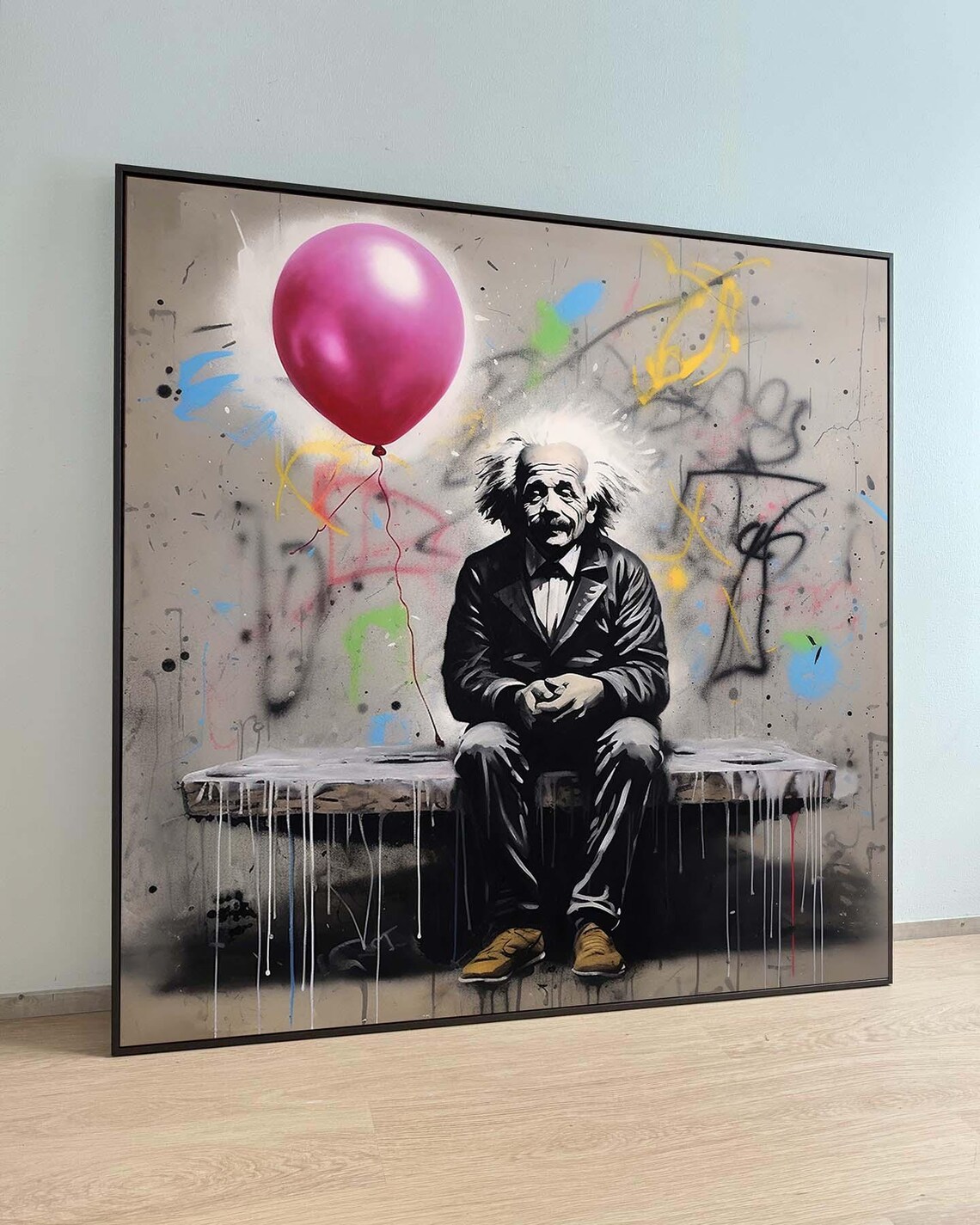 Albert Einstein Bench Pink Balloon Graffiti Poster Street Art Wall Decor