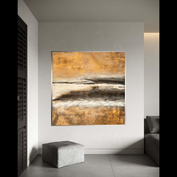 Golden Abstract Canvas Wall Art Modern Metallic Effect Painting Contemporary Home Decor Neutral Toned Artwork Gift