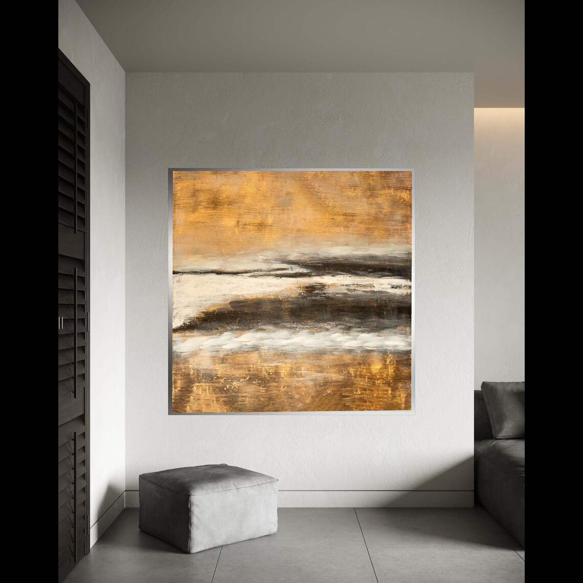 Golden Abstract Canvas Wall Art Modern Metallic Effect Painting Contemporary Home Decor Neutral Toned Artwork Gift