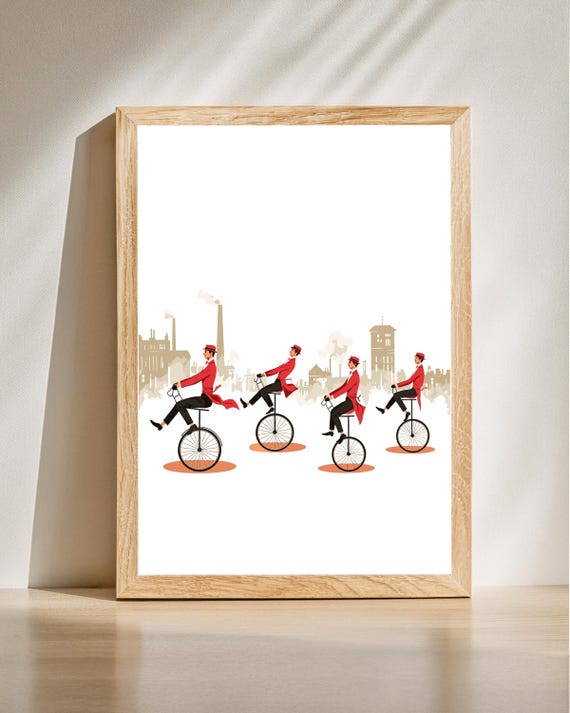Minimalist Wall Art Cyclist Bicycle Illustration Industrial Revolution Whimsical Home Decor