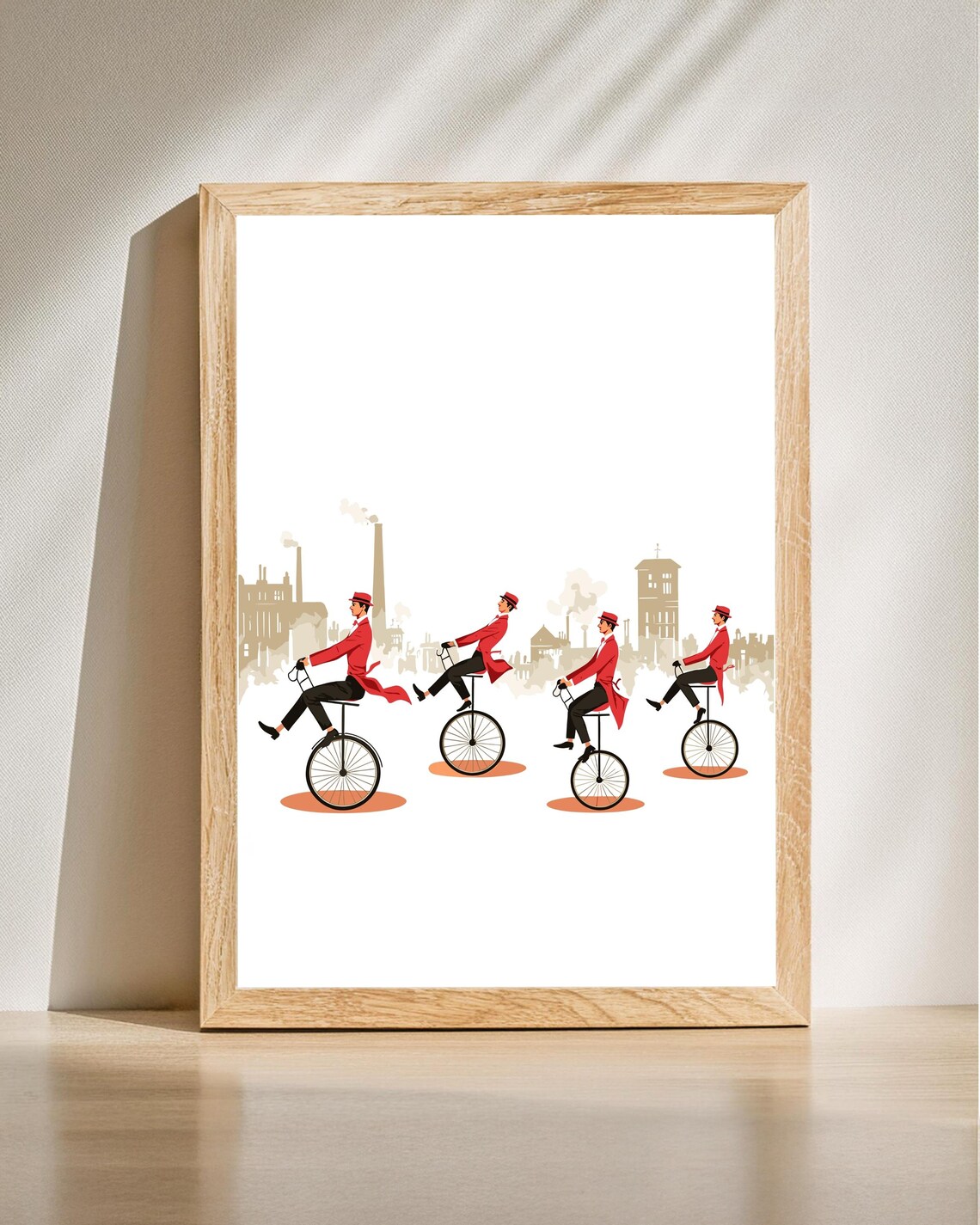 Gentlemen on Penny Farthing Bicycles Vintage City Scene Poster