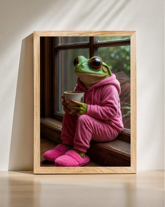 Cozy Frog Art Funny In Pajamas Coffee Wall Print Cute Animal Poster
