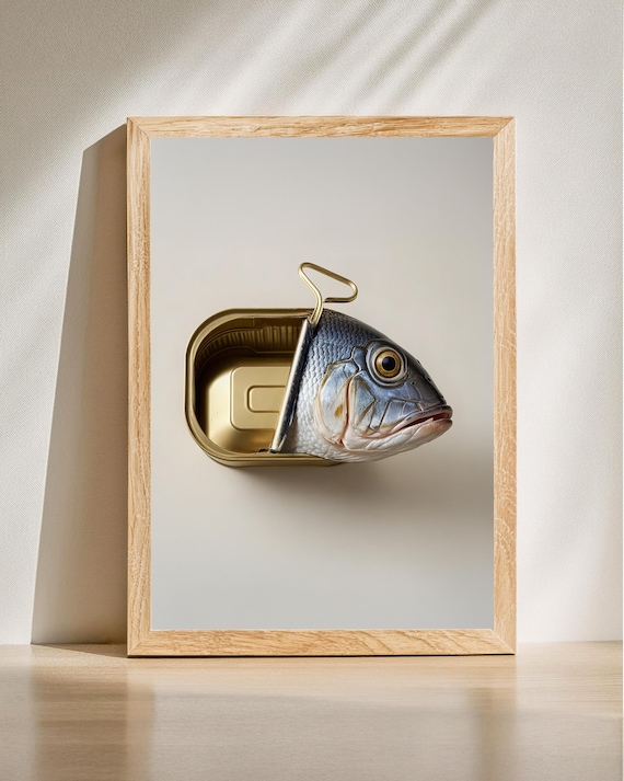 Fish Escaping Gold Sardine Can Minimalist Conceptual Art Poster