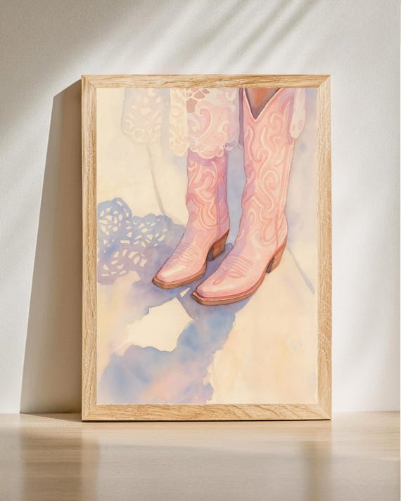 Pink Cowboy Boots Wall Art Western Girl Watercolor Print Country Style Rustic Cowgirl Poster
