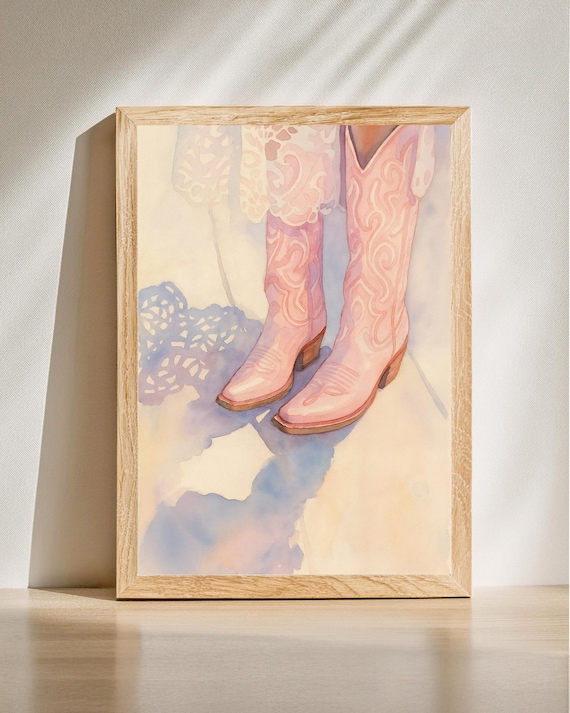Pink Cowboy Boots Watercolor Western Girl Country Style Art Print