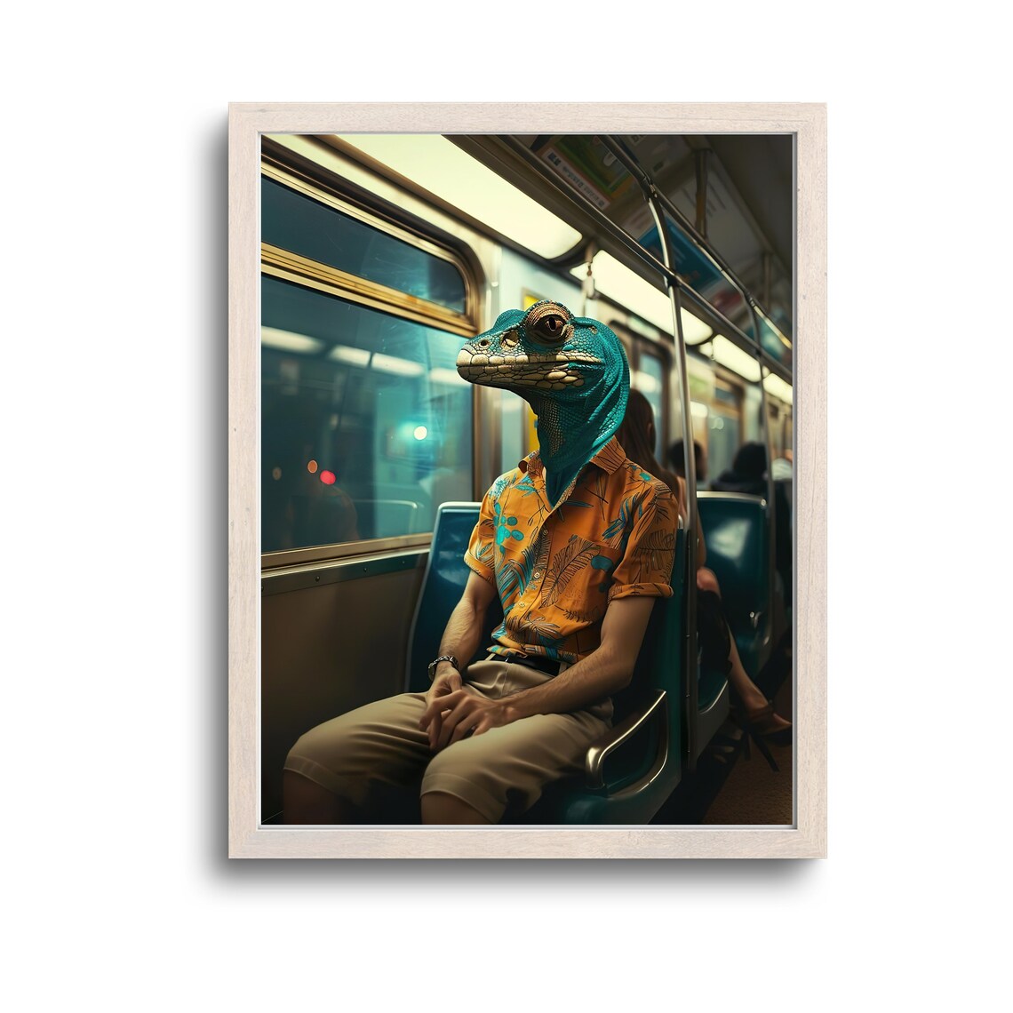Surreal Anthropomorphic Lizard Man in a Hawaiian Shirt on the Subway Poster