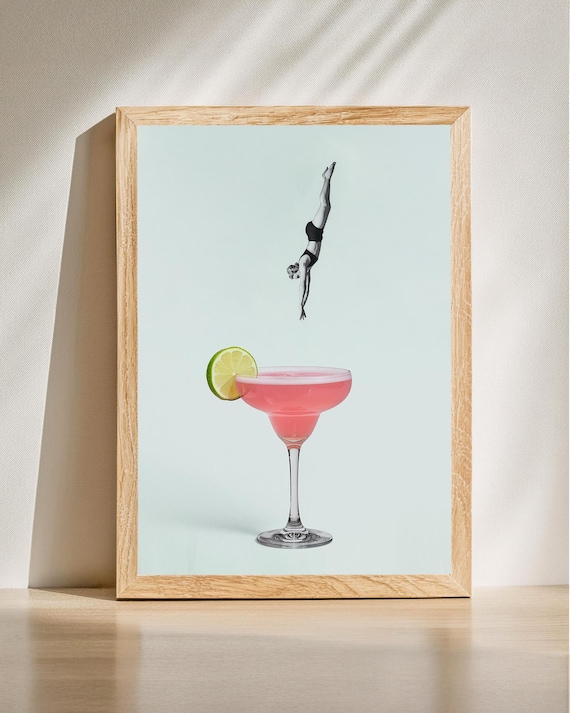 Surreal Retro Bar Diver Pink Margarita Vintage Cocktail Poster