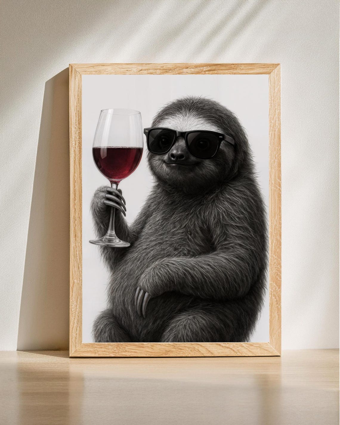 Cool Sloth Sunglasses Red Wine Glass Funny Kitchen Decor Poster