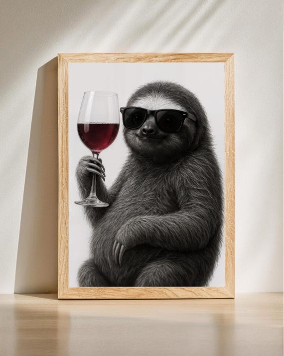 Sloth Wine Glass Poster Cool Wall Art Funny Kitchen Home Bar Decor