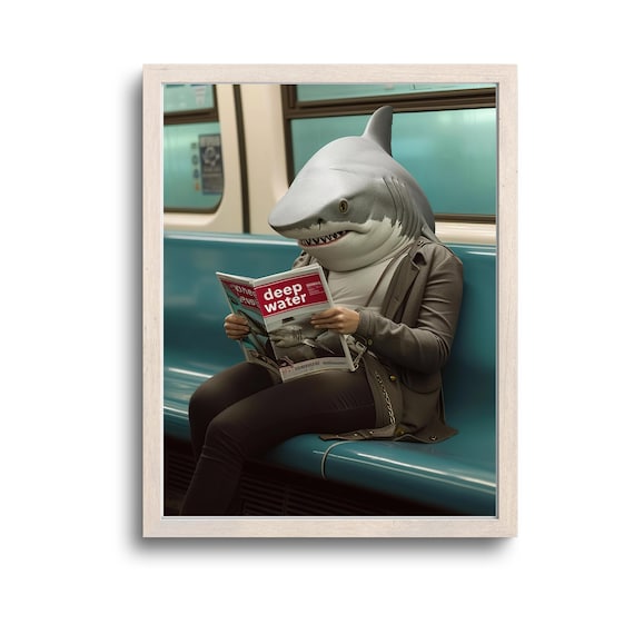 Shark Reading Magazine On Subway Funny Surreal Animal Art Poster