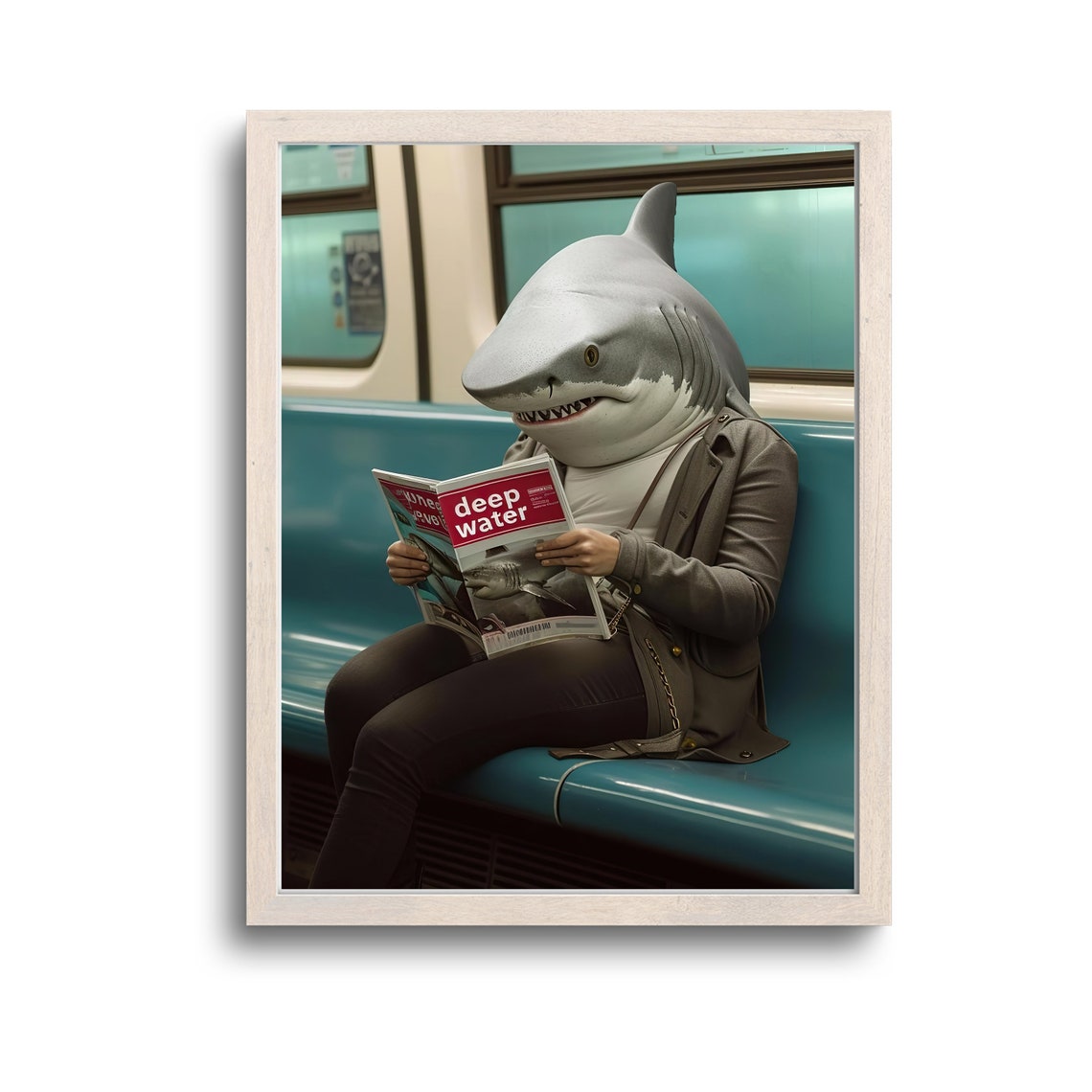 Shark Reading Magazine On Subway Funny Surreal Animal Art Poster