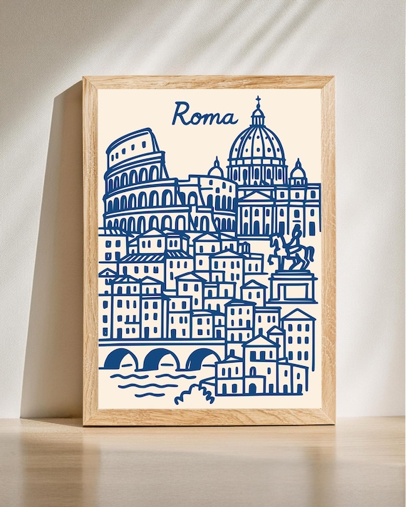 Roma Cityscape Art Midcentury Modern Rome Line Drawing Urban Wall Decor Instant