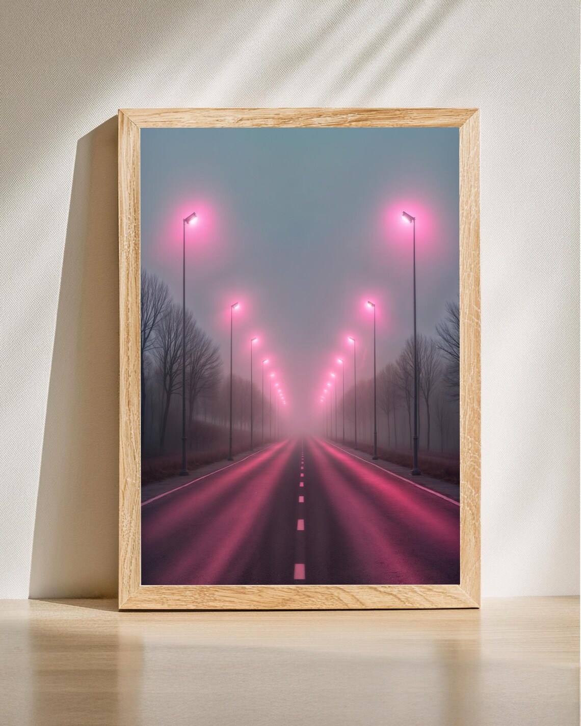 Pink Street Lamps on Foggy Night Road Dreamy Photography Poster