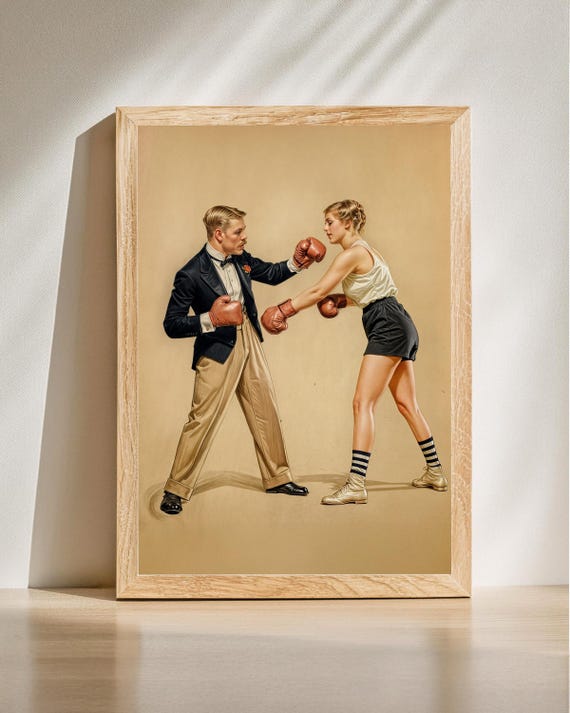 Vintage Boxing Couple Art Dapper Duo Retro Poster Quirky Illustration Whimsical Home Decor