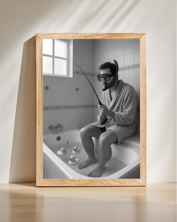 Funny Bathroom Wall Art Man Fishing In Bathtub Decor Modern Humor Print Playful Artwork