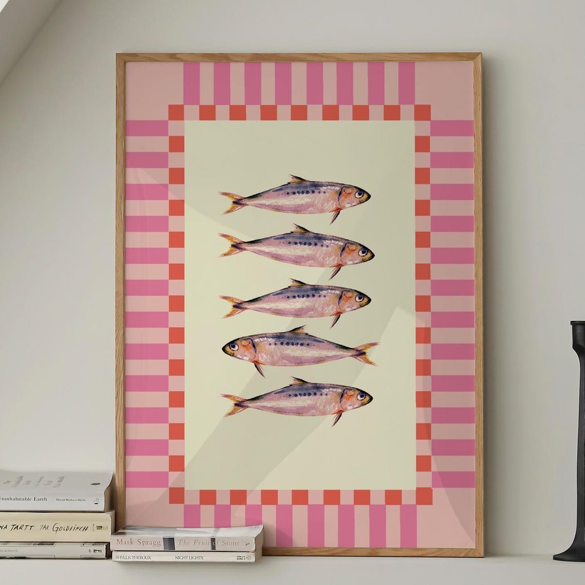 Retro Sardines Kitchen Pink Red Checkered Border Poster Decor