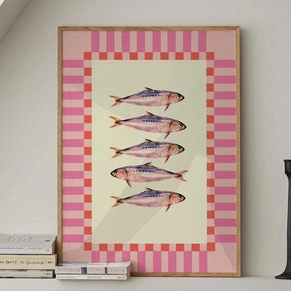 Vintage Sardines Fish Pink Green Stripe Trendy Kitchen Wall Art Retro Modern Food Home Decor