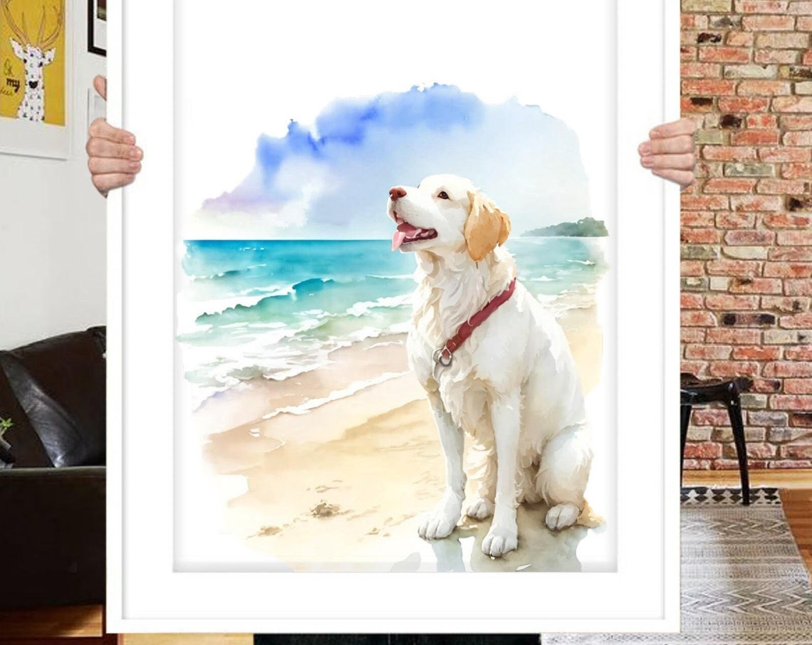 Custom Dog Portrait, Watercolor Beach Christmas Gift