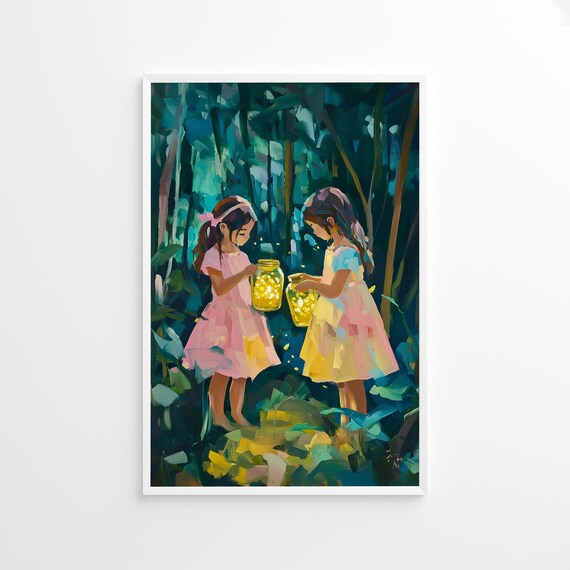 Girls Catching Fireflies In The Woods Whimsical Summer Night Poster