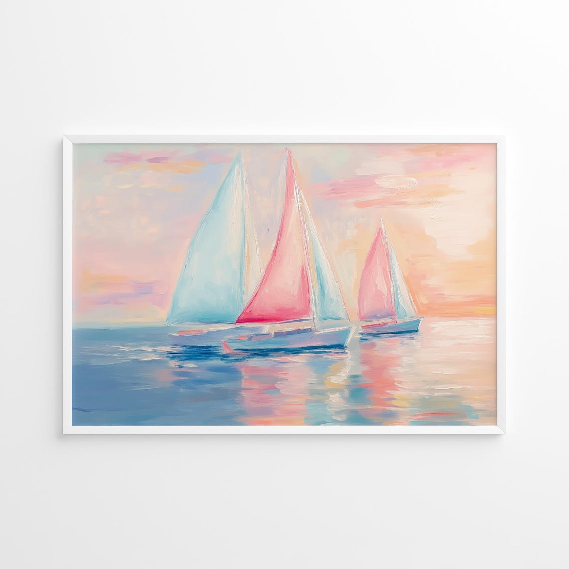 Pastel Sailboats On Calm Water Sunset Whimsical Nautical Art Poster