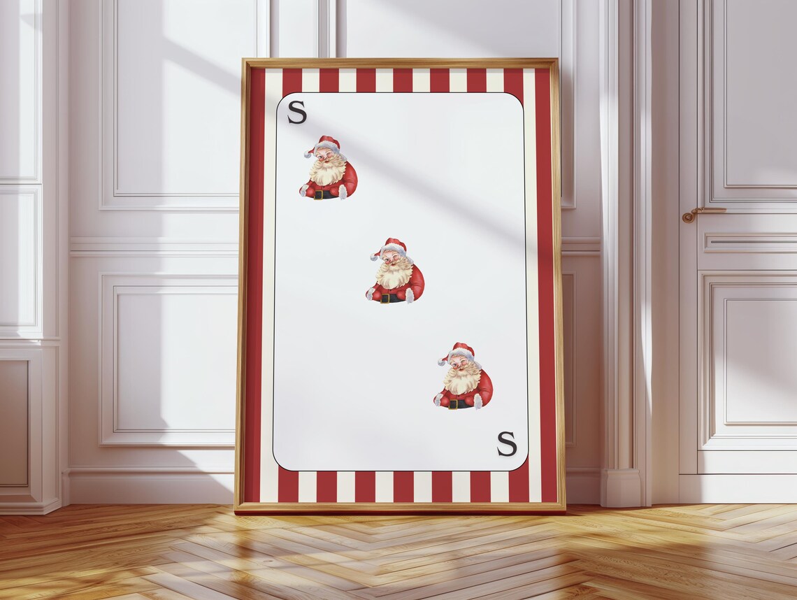 Santa Claus Playing Card Poster Christmas Holiday Red Stripe Art