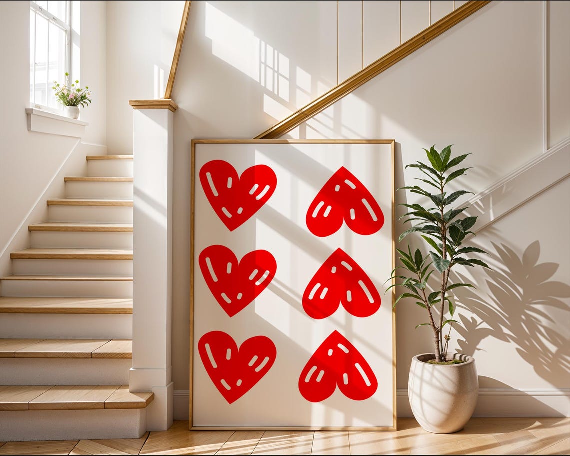 Red Hearts Minimalist Poster Playful Heart Pattern Wall Decor Art - Image 3