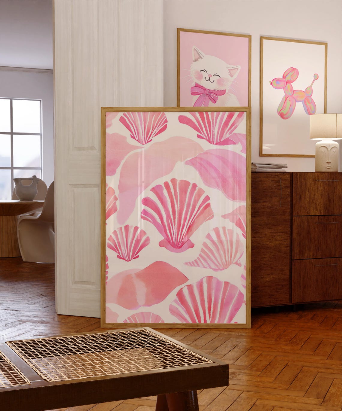 Pink Seashell Pattern Poster Coastal Watercolor Beach House Decor