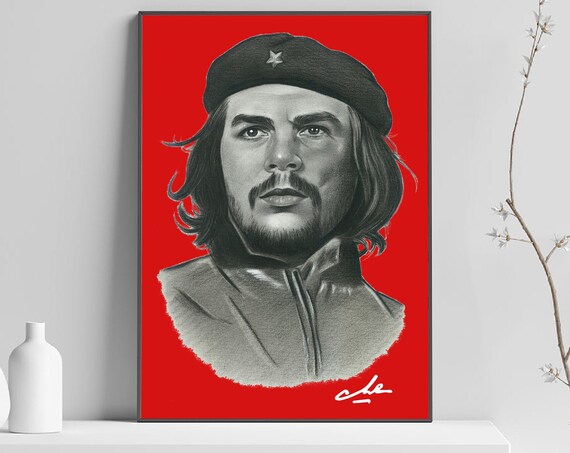 Che Guevara Red Background Iconic Beret Portrait Sketch Wall Art
