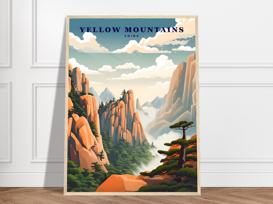 Yellow Mountains China Granite Peaks Pines Vintage Travel Poster