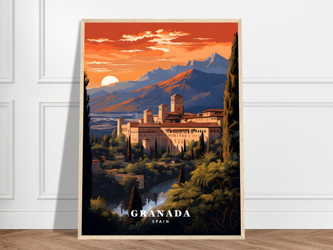 Granada Spain Alhambra Palace Mountain Sunset Vintage Travel Poster