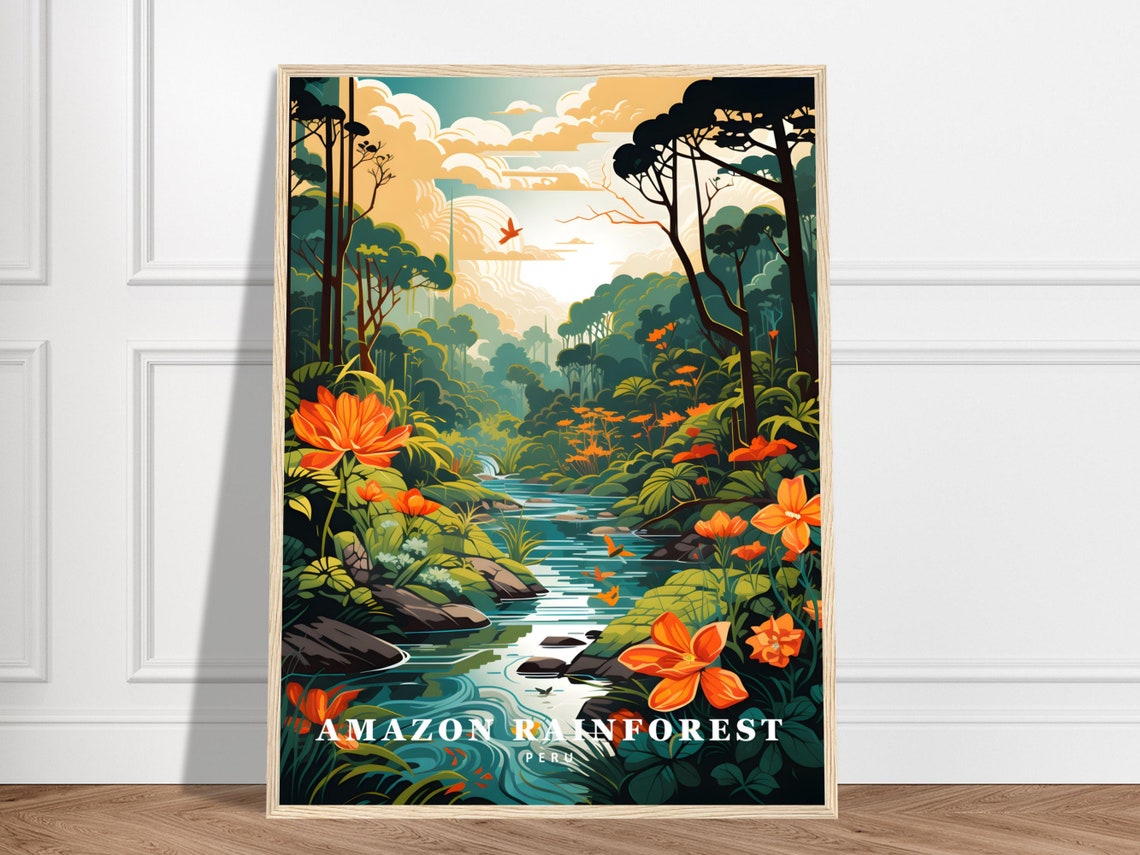 Amazon Rainforest Peru Jungle Stream Flowers Retro Travel Poster