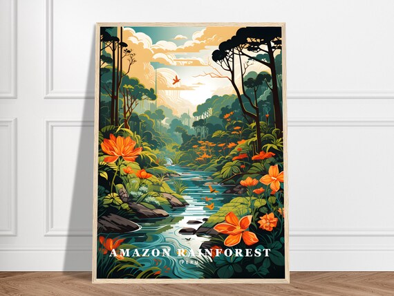 Amazon Rainforest Peru Jungle Stream Flowers Retro Travel Poster