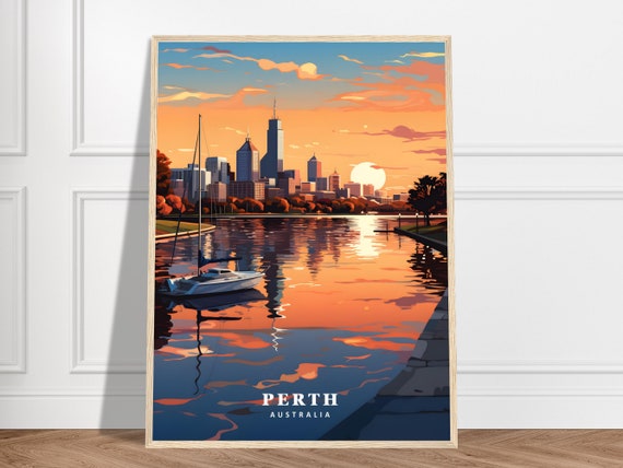 Perth Travel Print Australia Collection Western City Sunset Boat Poster Skyline Art