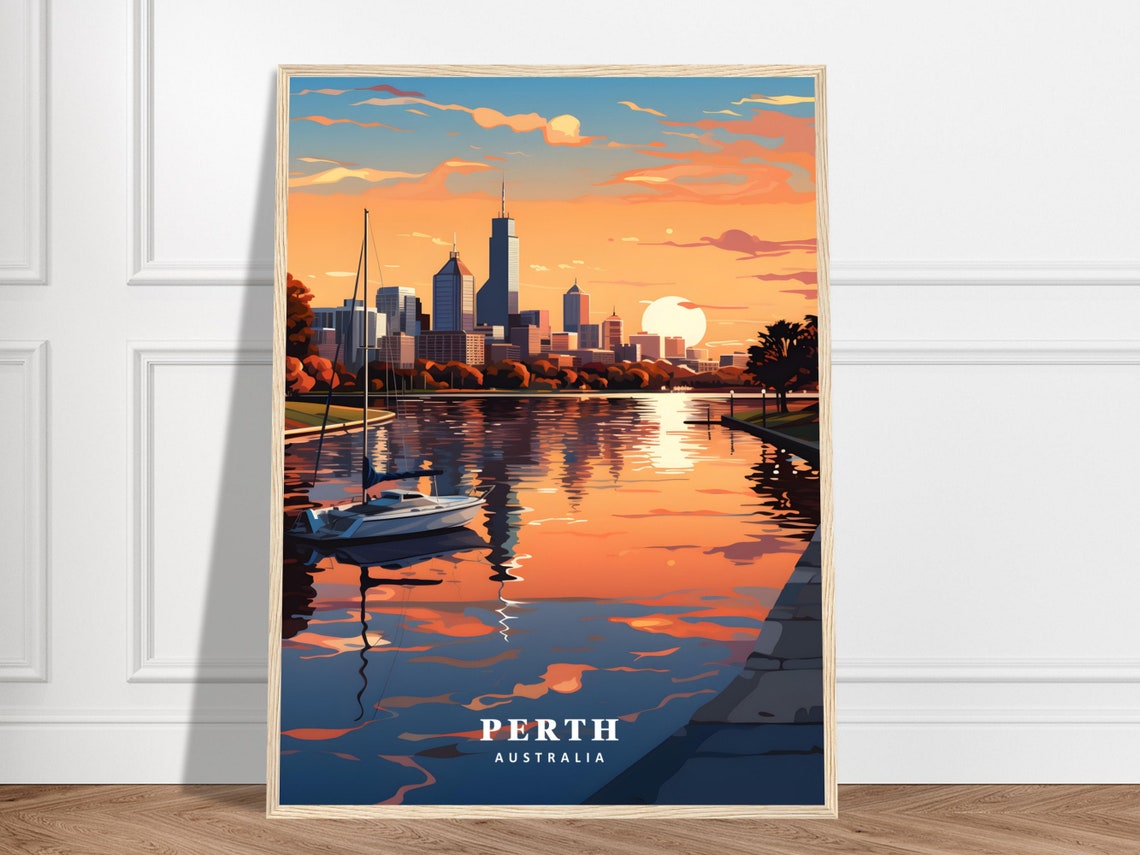 Perth Australia City Skyline Sunset Swan River Travel Poster
