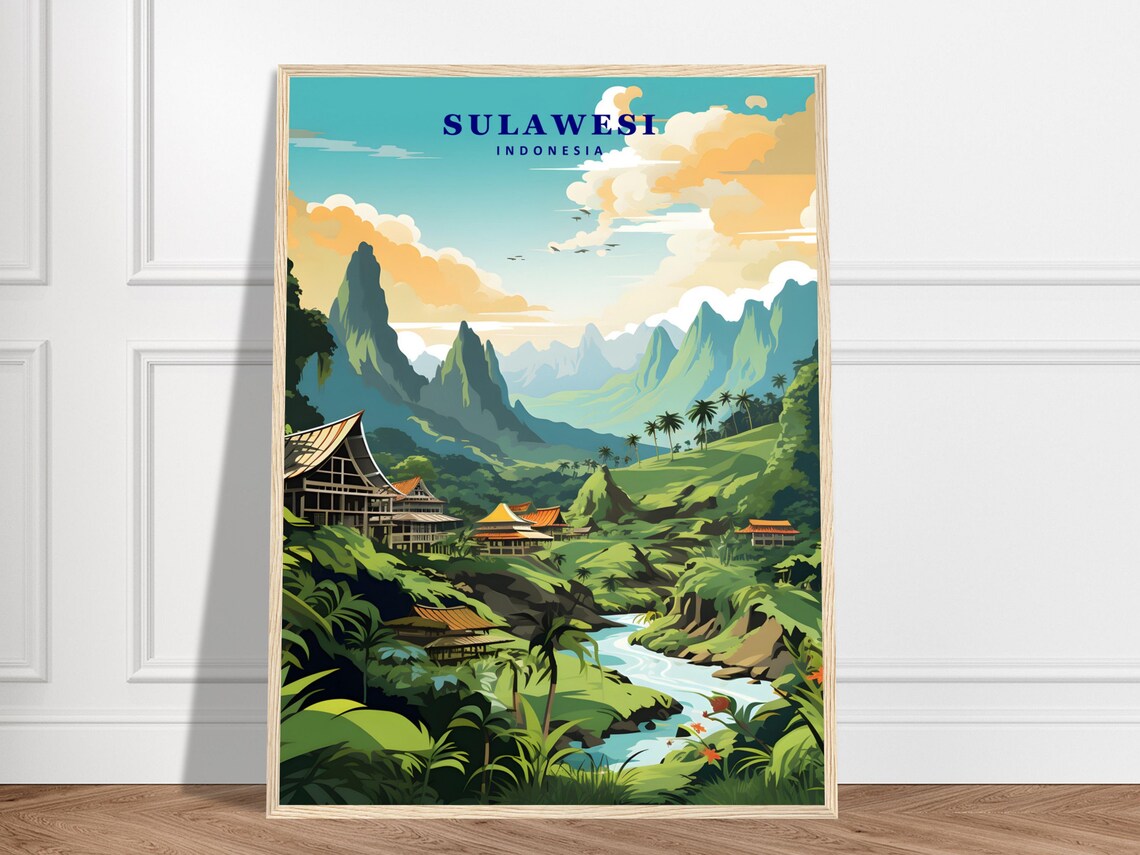 Sulawesi Indonesia Highland Valley River Traditional Houses Poster