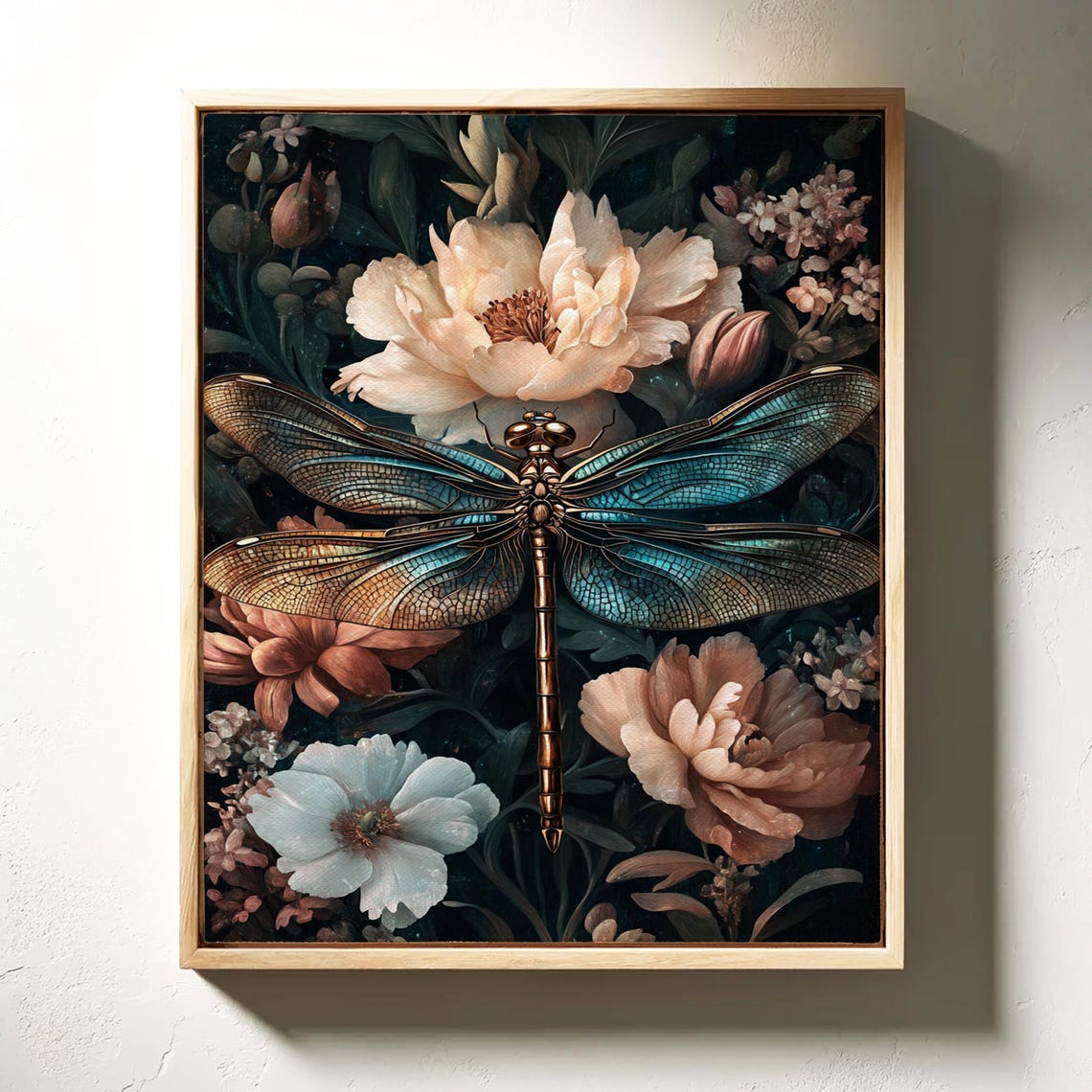 Iridescent Teal Dragonfly on Dark Floral Peony Botanical Art Poster - Image 2
