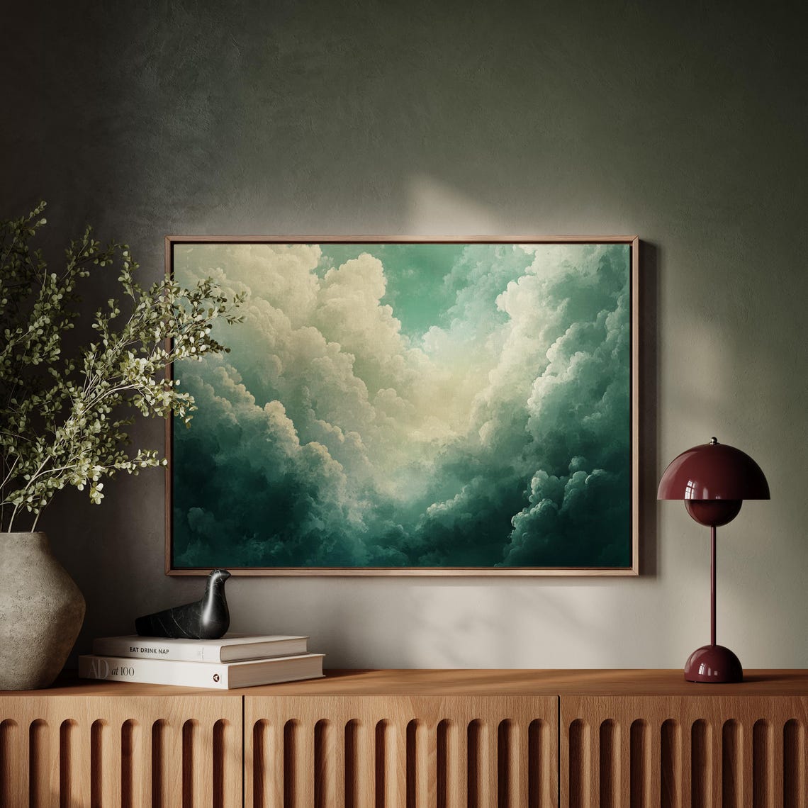 Majestic Towering Cumulus Clouds Green Cream Vintage Sky Wall Art - Image 3
