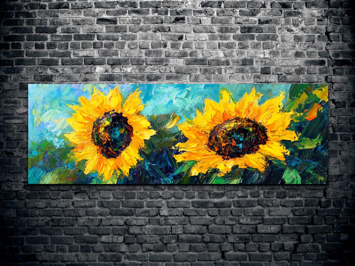 Sunflower Pair Teal Background Palette Knife Panoramic Art Poster - Image 2
