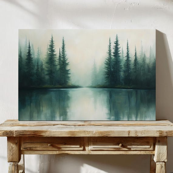 Misty Forest Lake Canvas Wall Art Tranquil Pine Tree Landscape Painting Moody Green Nature Print For Cabin Or Modern Home Decor
