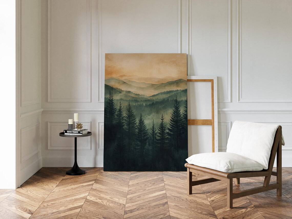Misty Mountain Evergreen Forest Golden Morning Landscape Poster - Image 4