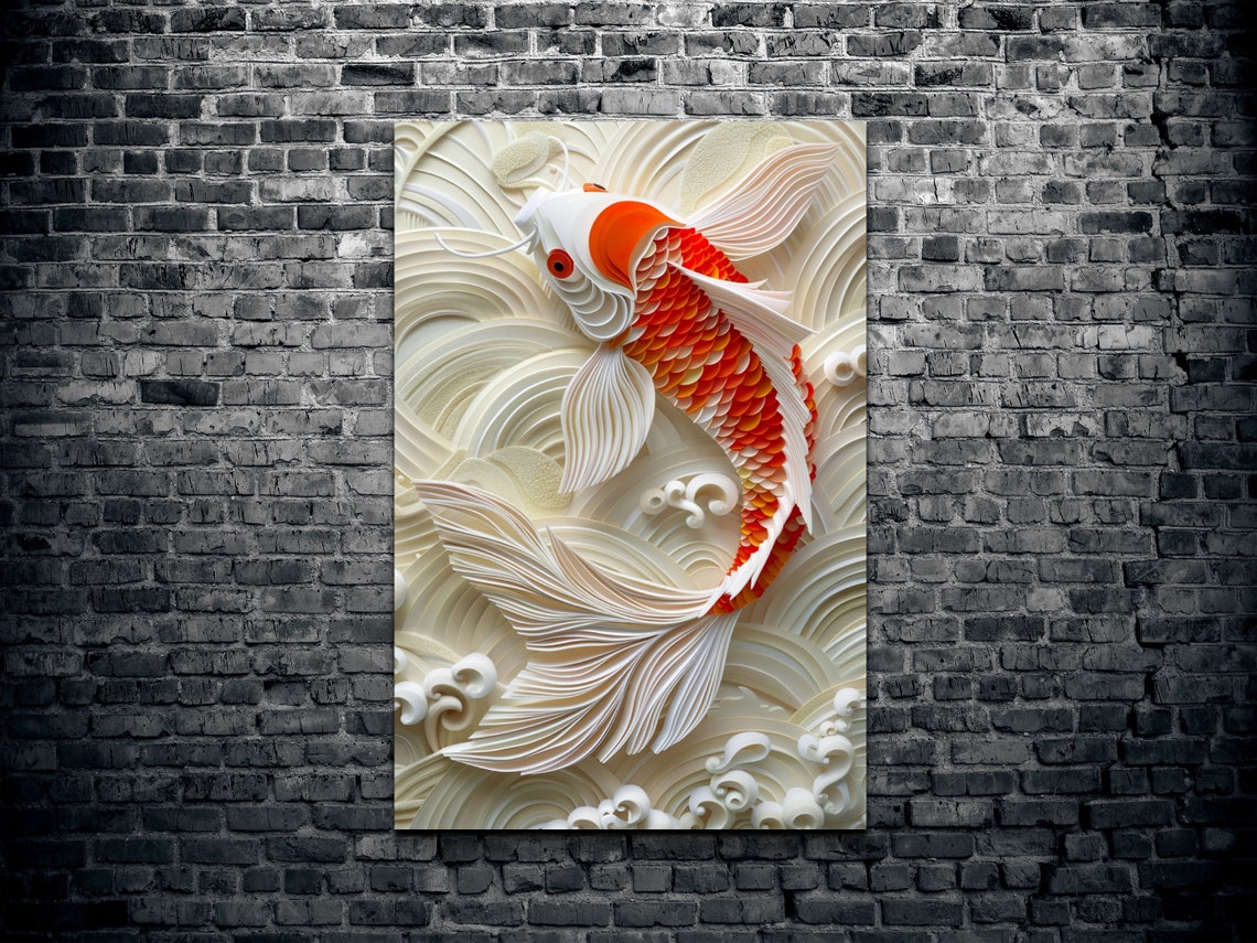 Orange Koi Fish on White Waves Paper Cut Style Nature Poster - Image 2