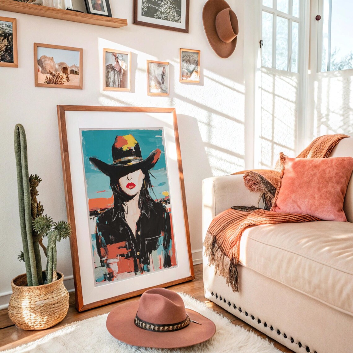Western Pop Art Cowgirl Red Lips Cowboy Hat Portrait Art Poster
