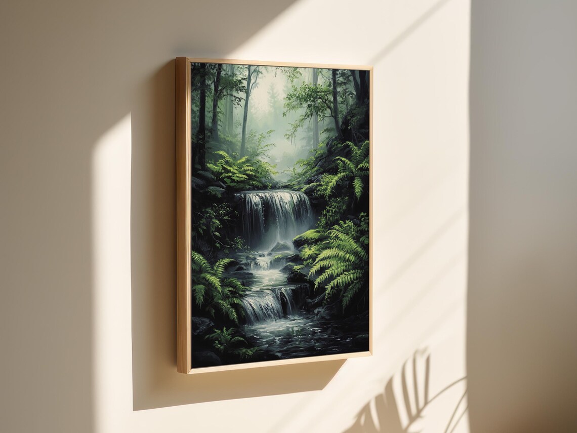 Tranquil Forest Waterfall Wall Art Serene Nature Scene With Lush Greenery For Relaxing Home Or Office Decor - Image 3
