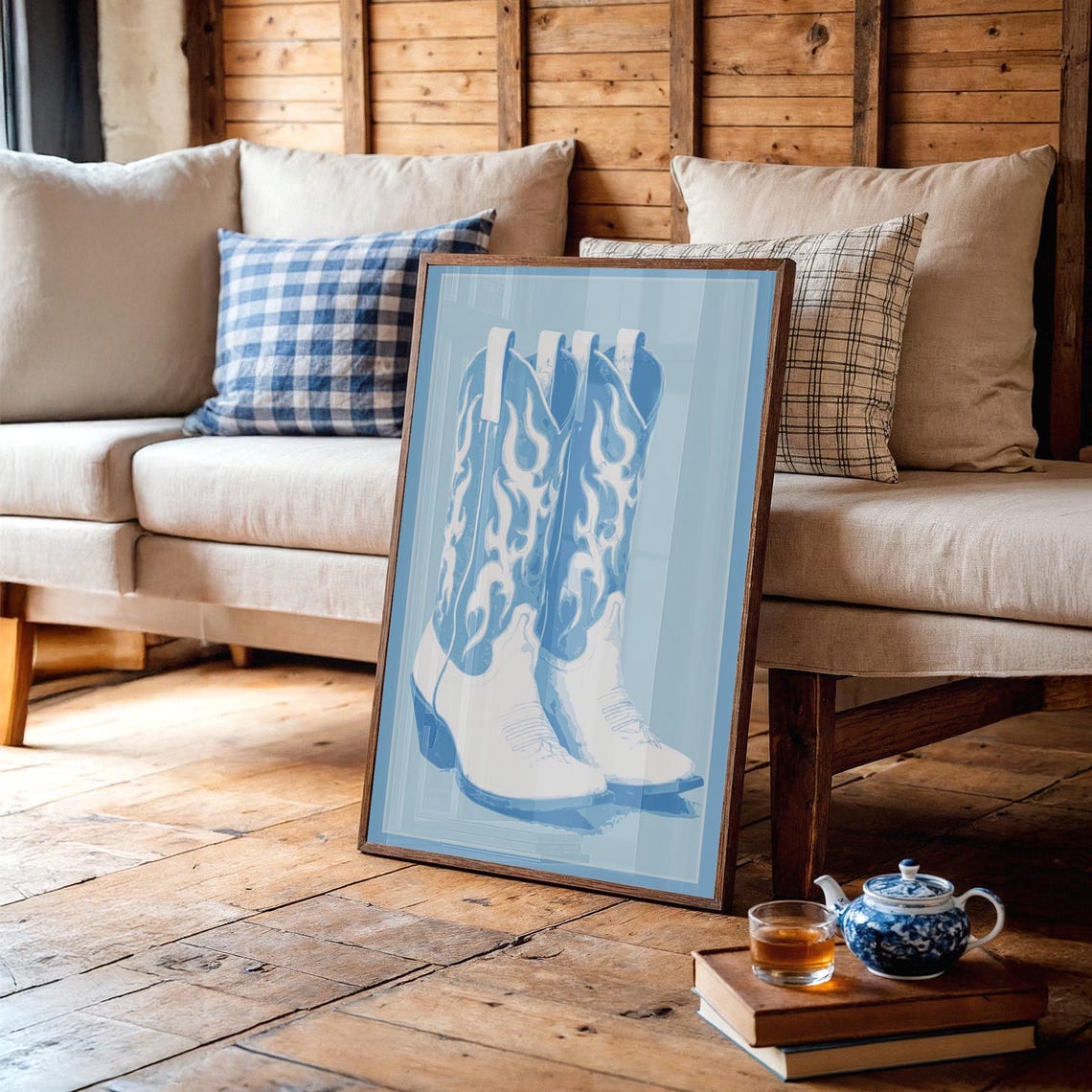 Blue Flame Cowboy Boots Retro Western Cowgirl Boot Wall Poster