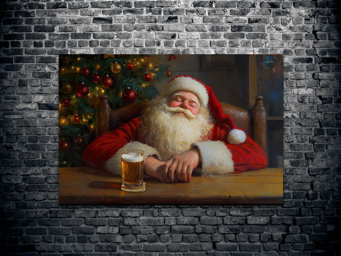 Sleepy Santa Napping With Beer By Christmas Tree Funny Art Poster - Image 2